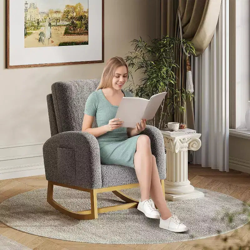 Acekool Upholstered Glider Rocking Chair for Nursery & Living Room, High Back with Side Pocket, Smooth Rock & Glide