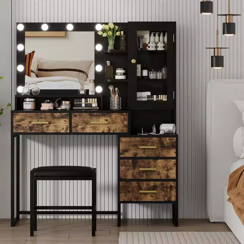 53.5Large Vanity Desk with Bench,Makeup Vanity with Mirror & Lights&Led Bulbs,Makeup Table with 5 Drawers, Vanity Table with Charging Station
