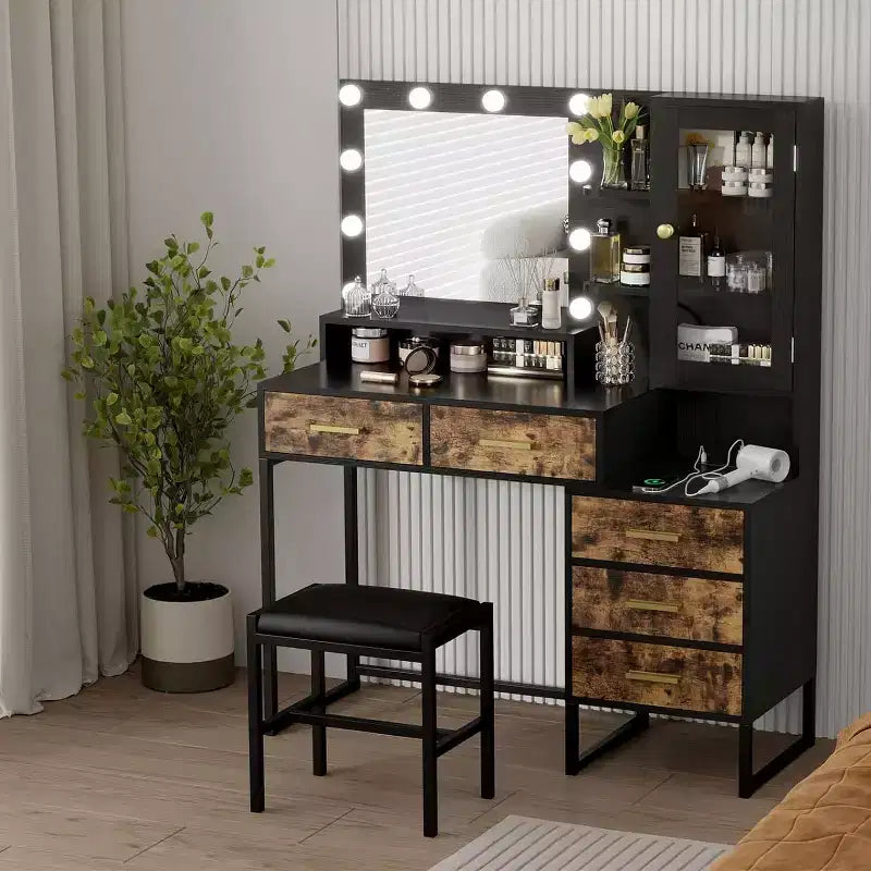 53.5Large Vanity Desk with Bench,Makeup Vanity with Mirror & Lights&Led Bulbs,Makeup Table with 5 Drawers, Vanity Table with Charging Station