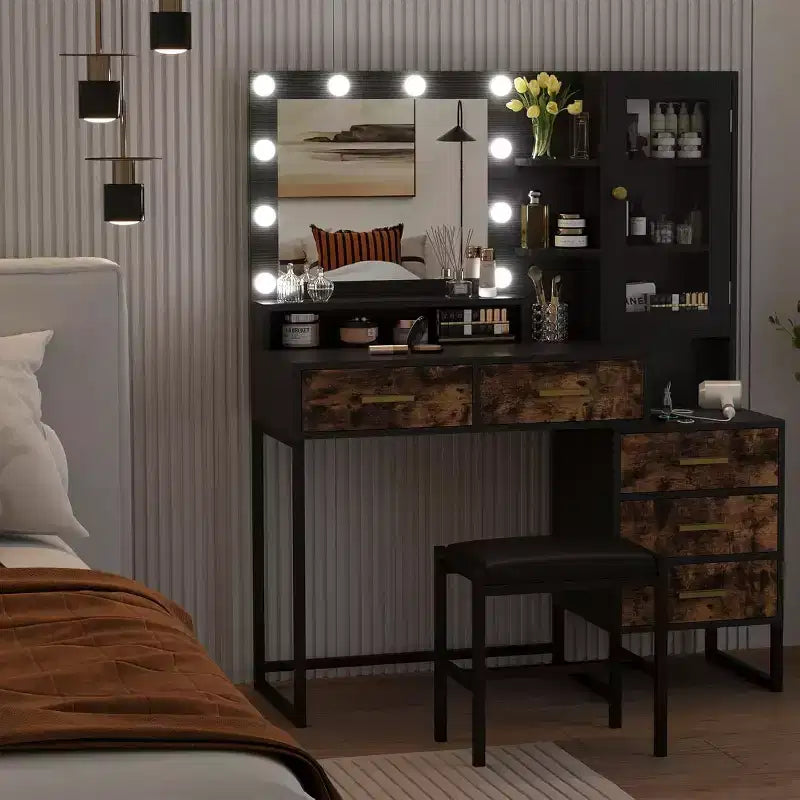 53.5Large Vanity Desk with Bench,Makeup Vanity with Mirror & Lights&Led Bulbs,Makeup Table with 5 Drawers, Vanity Table with Charging Station
