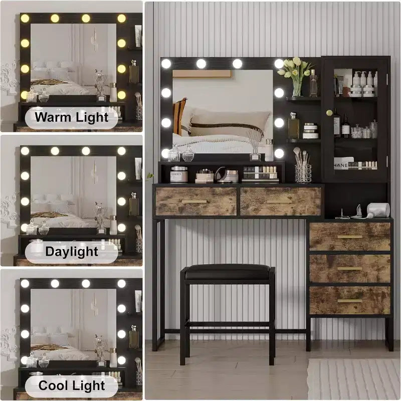 53.5Large Vanity Desk with Bench,Makeup Vanity with Mirror & Lights&Led Bulbs,Makeup Table with 5 Drawers, Vanity Table with Charging Station
