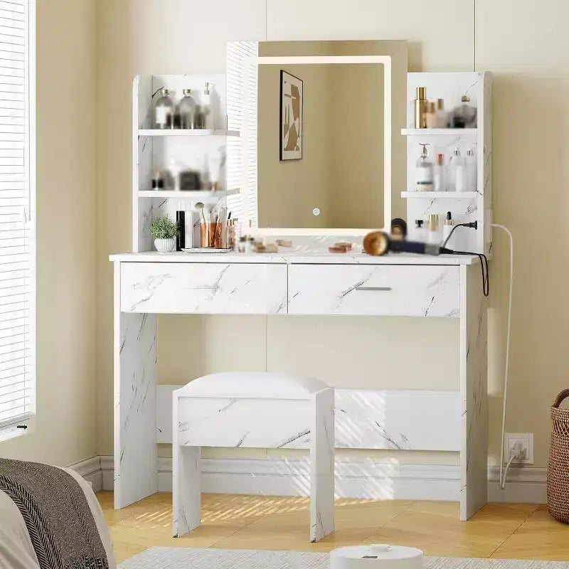 Acekool Vanity Desk with Lighted Mirror, Stool, Power Outlet, 6 Shelves, 2 Large Drawers, 3-Color Adjustable LED, Makeup Vanity for Bedroom, White