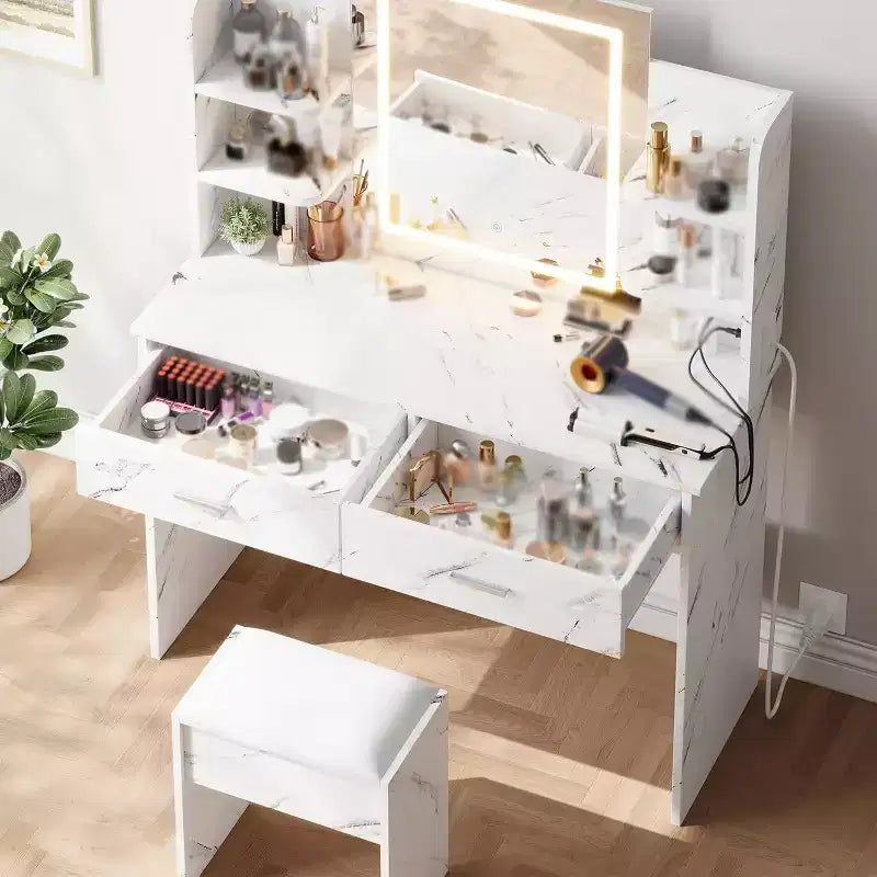 Acekool Vanity Desk with Lighted Mirror, Stool, Power Outlet, 6 Shelves, 2 Large Drawers, 3-Color Adjustable LED, Makeup Vanity for Bedroom, White