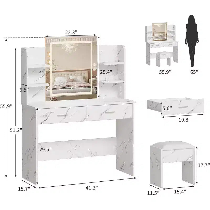 Acekool Vanity Desk with Lighted Mirror, Stool, Power Outlet, 6 Shelves, 2 Large Drawers, 3-Color Adjustable LED, Makeup Vanity for Bedroom, White