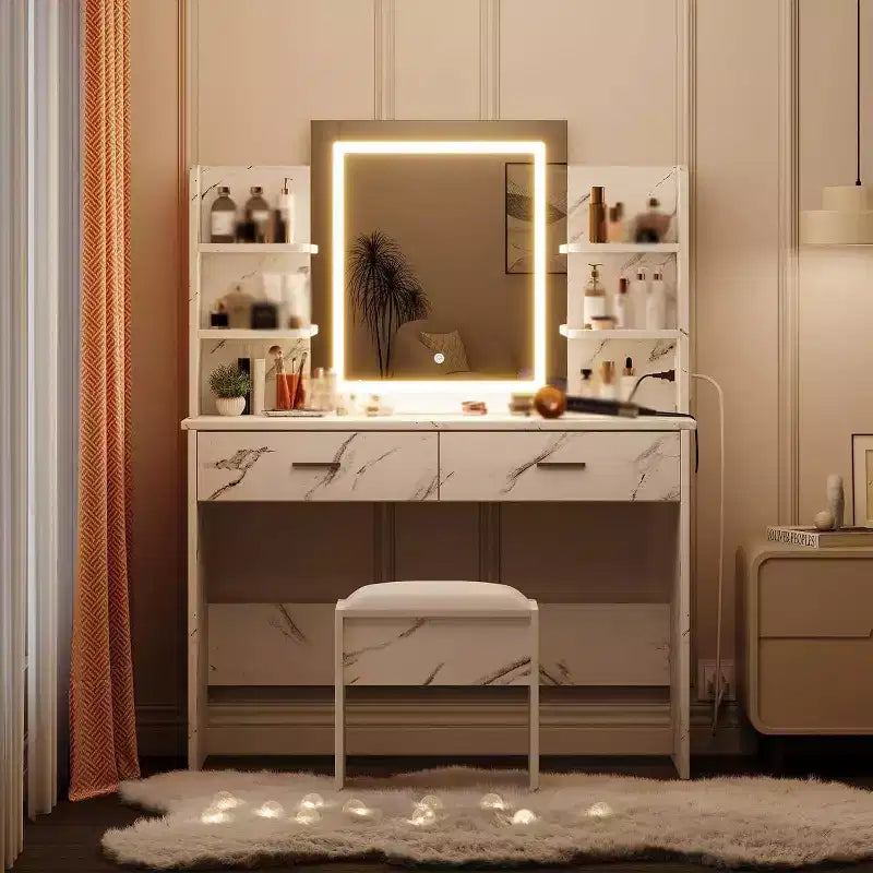 Acekool Vanity Desk with Lighted Mirror, Stool, Power Outlet, 6 Shelves, 2 Large Drawers, 3-Color Adjustable LED, Makeup Vanity for Bedroom, White