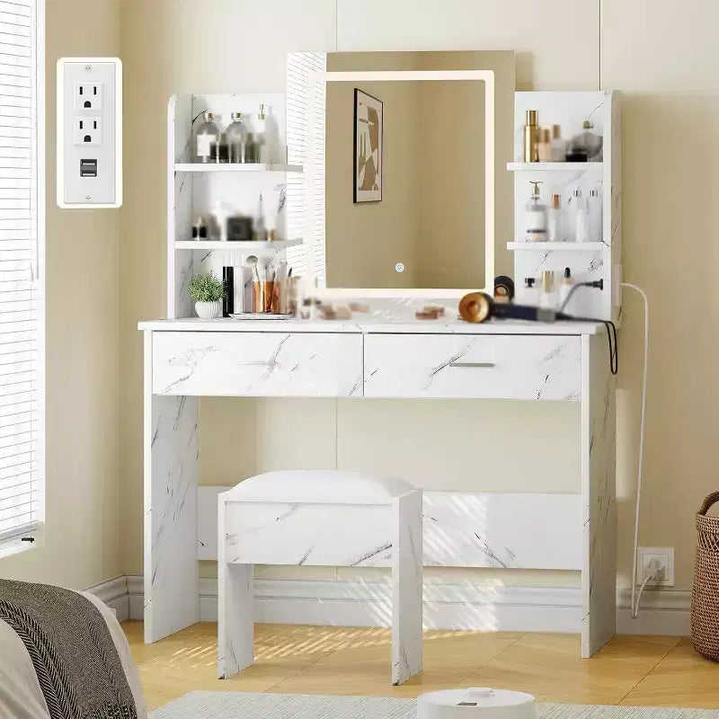 Acekool Vanity Desk with Lighted Mirror, Stool, Power Outlet, 6 Shelves, 2 Large Drawers, 3-Color Adjustable LED, Makeup Vanity for Bedroom, White