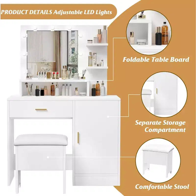 Vanity Desk with Mirror, Makeup Vanity Desk with Large Drawers, Dressing Table with Three Level Storage & Tiers of Open Shelves for Bedroom, White