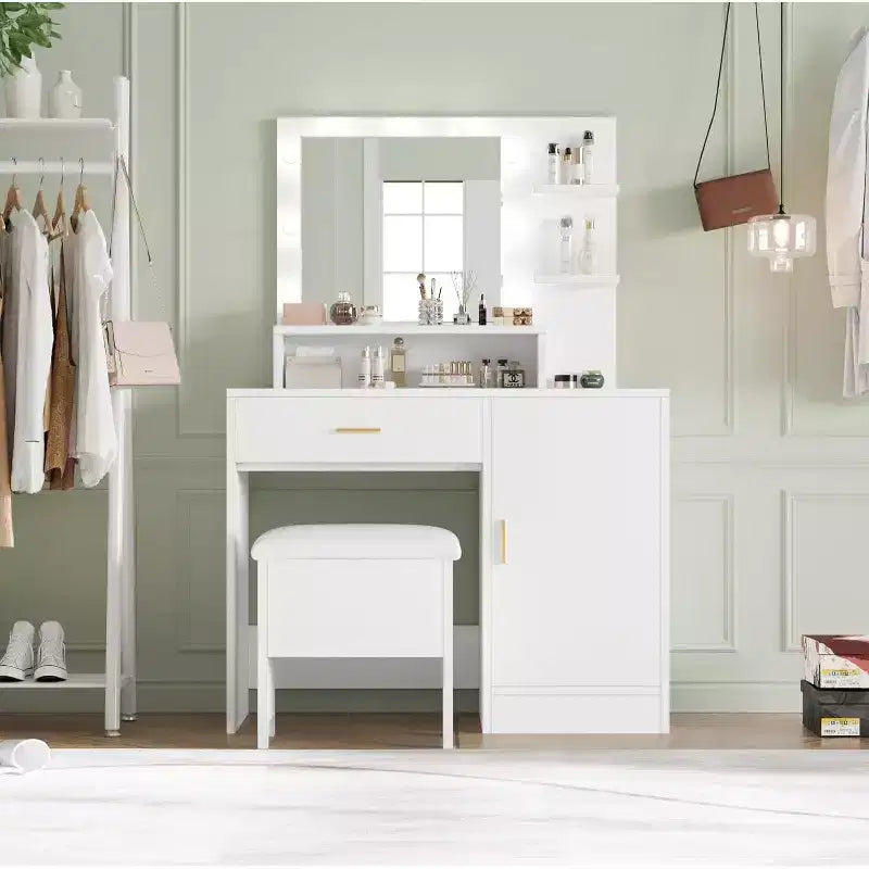 Vanity Desk with Mirror, Makeup Vanity Desk with Large Drawers, Dressing Table with Three Level Storage & Tiers of Open Shelves for Bedroom, White