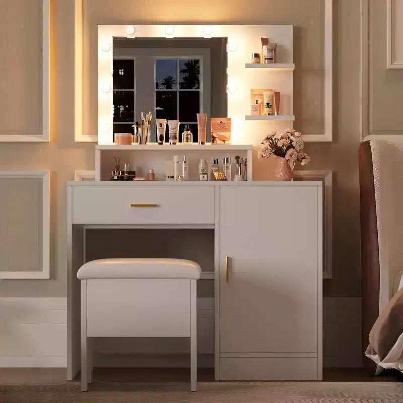 Vanity Desk with Mirror, Makeup Vanity Desk with Large Drawers, Dressing Table with Three Level Storage & Tiers of Open Shelves for Bedroom, White