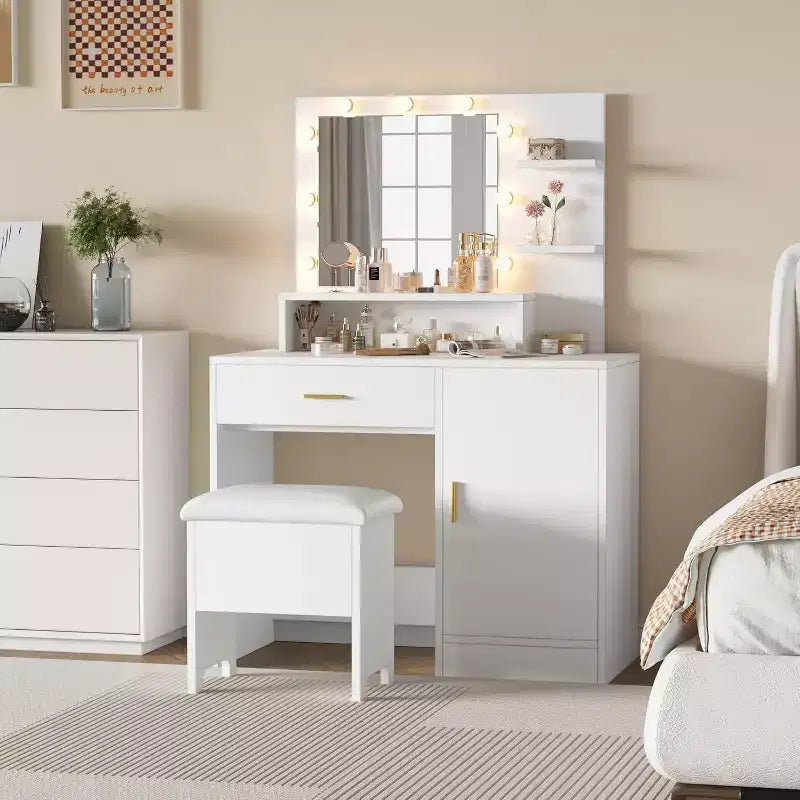 Vanity Desk with Mirror, Makeup Vanity Desk with Large Drawers, Dressing Table with Three Level Storage & Tiers of Open Shelves for Bedroom, White