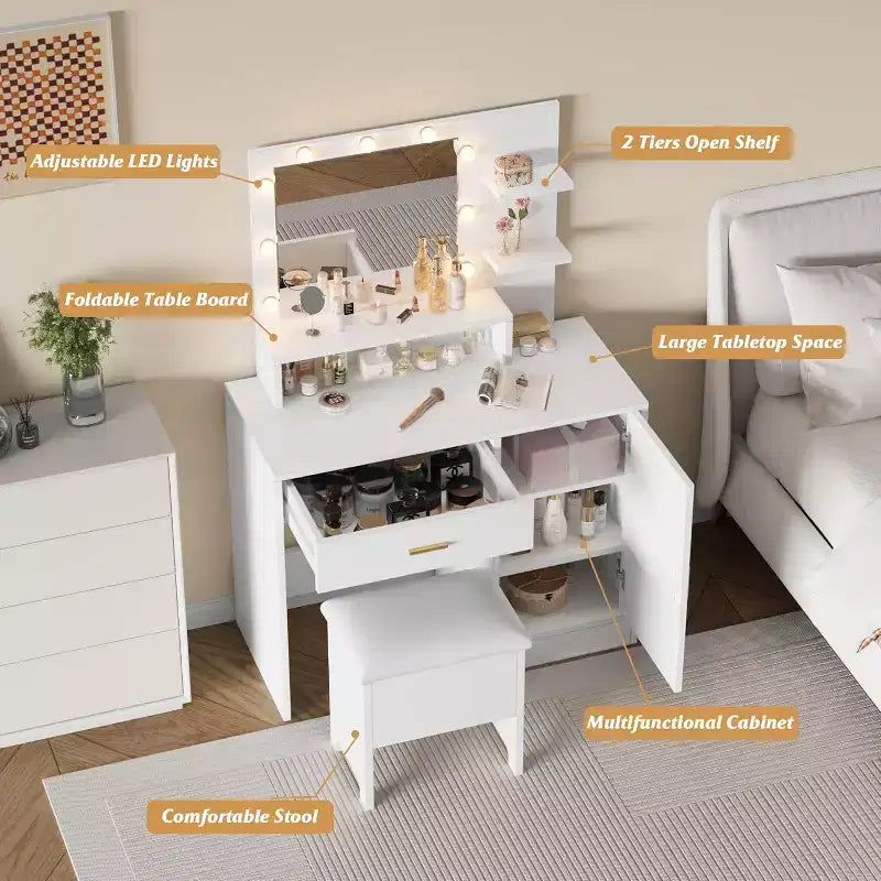 Vanity Desk with Mirror, Makeup Vanity Desk with Large Drawers, Dressing Table with Three Level Storage & Tiers of Open Shelves for Bedroom, White