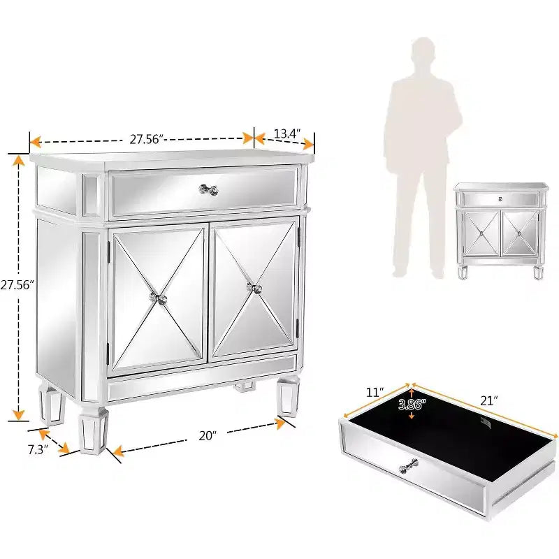 VINGLI Mirrored Cabinet, Mirrored Nightstand, Mirrored Dresser Accent Chest, Large Mirror Nightstand with 1 Drawer and Two Doors, Mirror