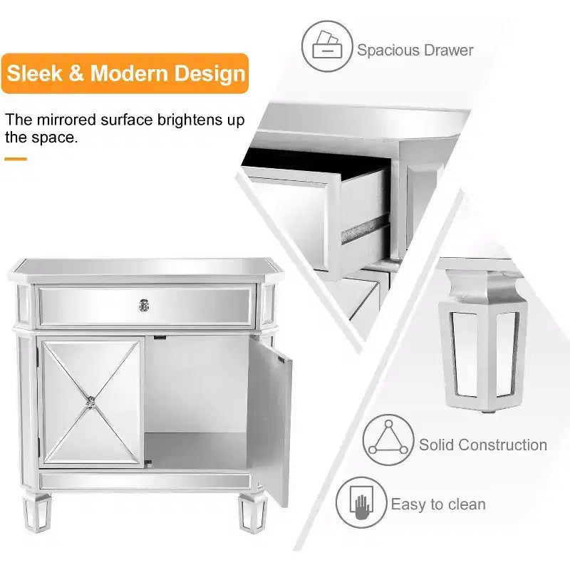 VINGLI Mirrored Cabinet, Mirrored Nightstand, Mirrored Dresser Accent Chest, Large Mirror Nightstand with 1 Drawer and Two Doors, Mirror
