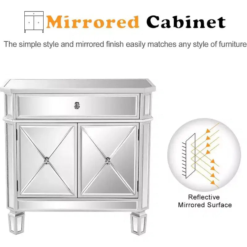 VINGLI Mirrored Cabinet, Mirrored Nightstand, Mirrored Dresser Accent Chest, Large Mirror Nightstand with 1 Drawer and Two Doors, Mirror
