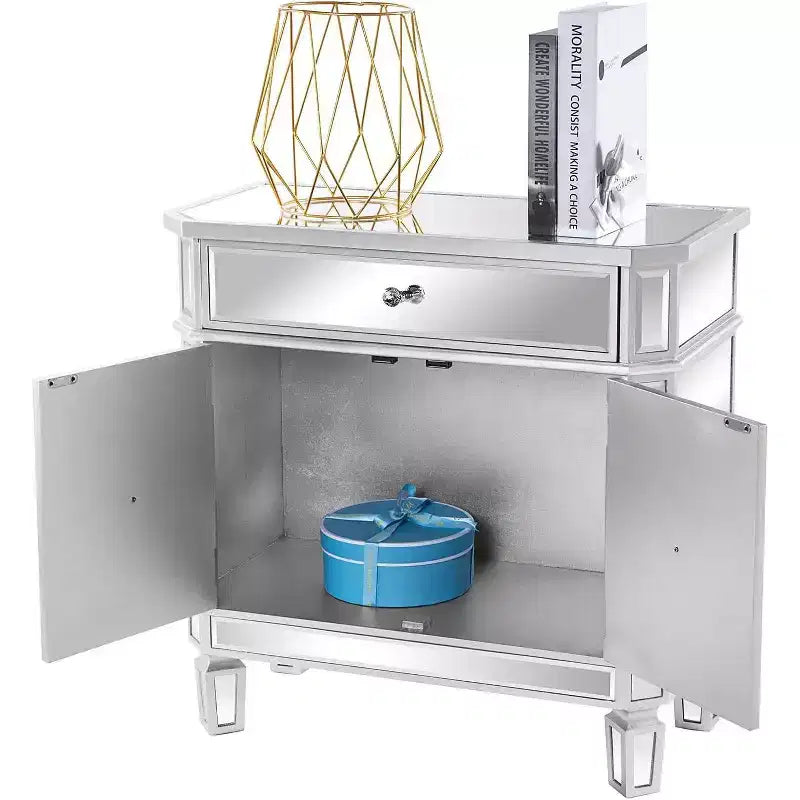 VINGLI Mirrored Cabinet, Mirrored Nightstand, Mirrored Dresser Accent Chest, Large Mirror Nightstand with 1 Drawer and Two Doors, Mirror