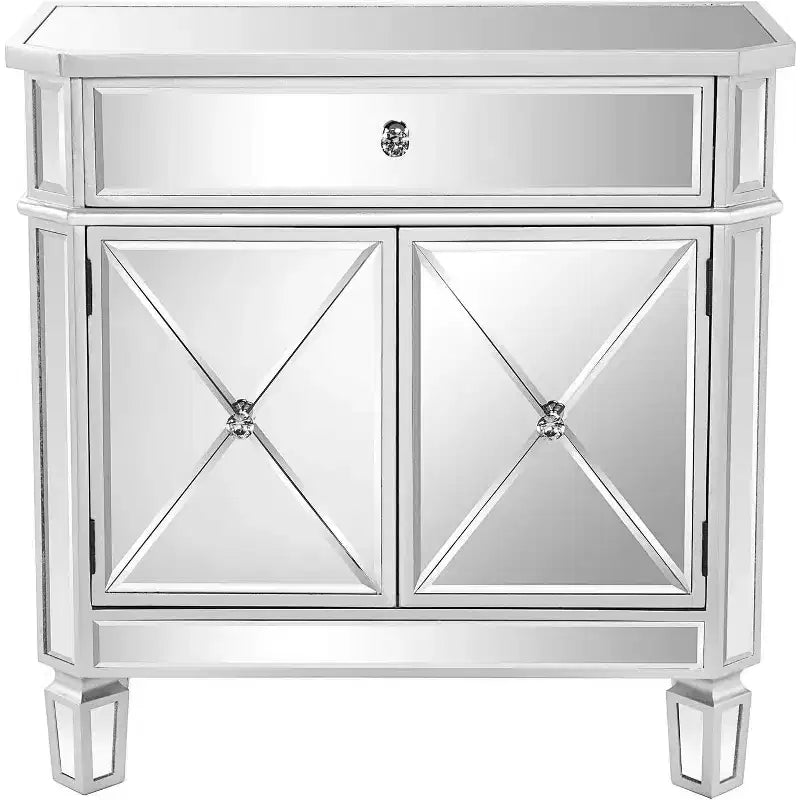 VINGLI Mirrored Cabinet, Mirrored Nightstand, Mirrored Dresser Accent Chest, Large Mirror Nightstand with 1 Drawer and Two Doors, Mirror