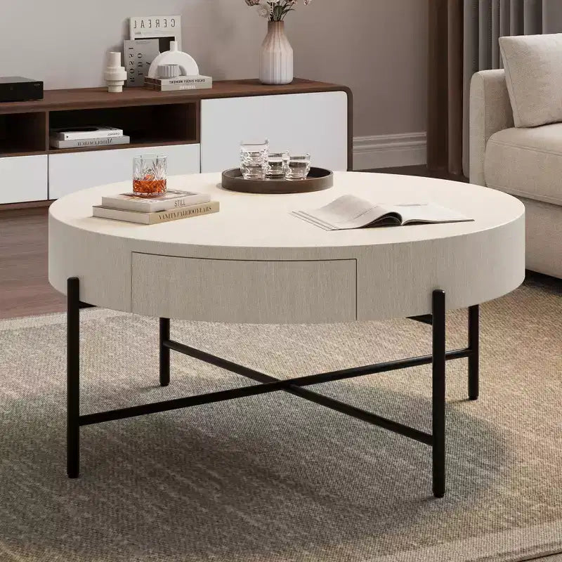 GustoWave Round Coffee Table with Storage, Farmhouse Circle Coffee Table for Living Room, Balcony, Apartment