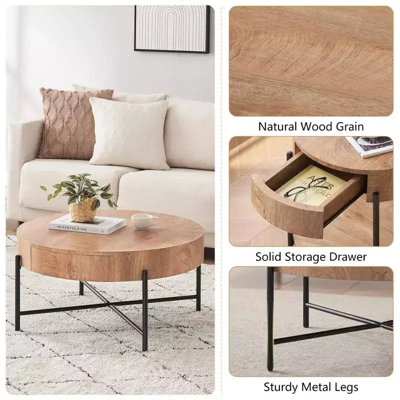GustoWave Round Coffee Table with Storage, Farmhouse Circle Coffee Table for Living Room, Balcony, Apartment