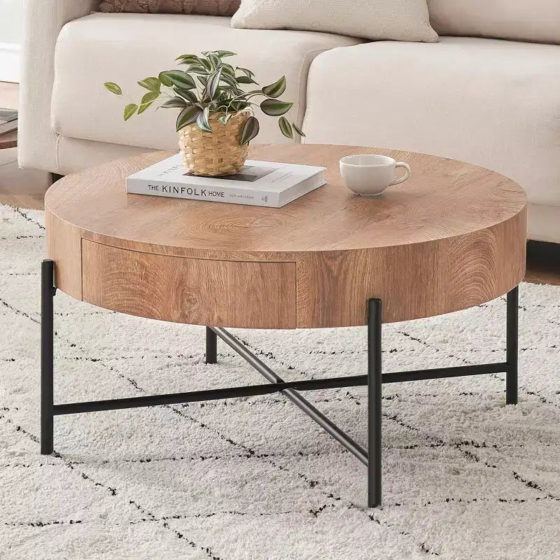 GustoWave Round Coffee Table with Storage, Farmhouse Circle Coffee Table for Living Room, Balcony, Apartment