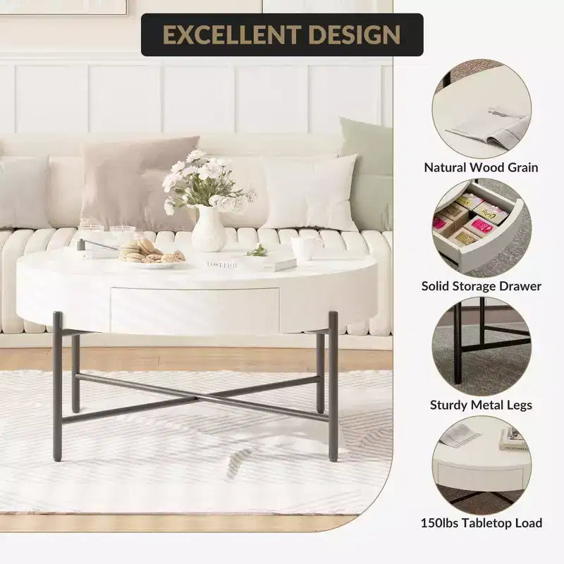 GustoWave Round Coffee Table with Storage, Farmhouse Circle Coffee Table for Living Room, Balcony, Apartment