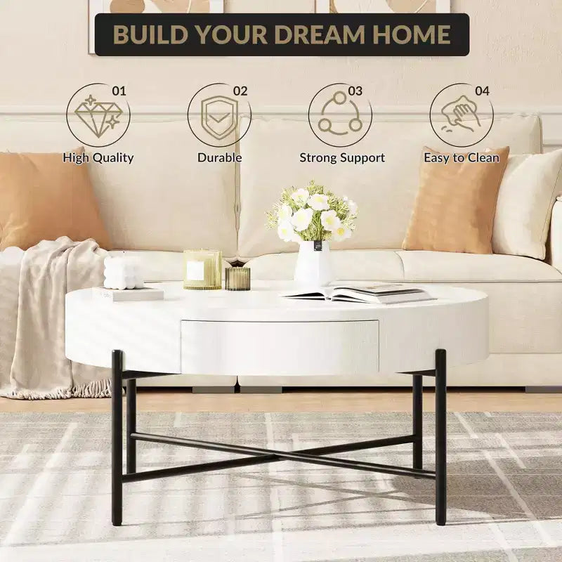 GustoWave Round Coffee Table with Storage, Farmhouse Circle Coffee Table for Living Room, Balcony, Apartment