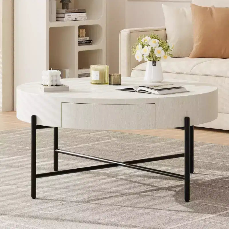 GustoWave Round Coffee Table with Storage, Farmhouse Circle Coffee Table for Living Room, Balcony, Apartment