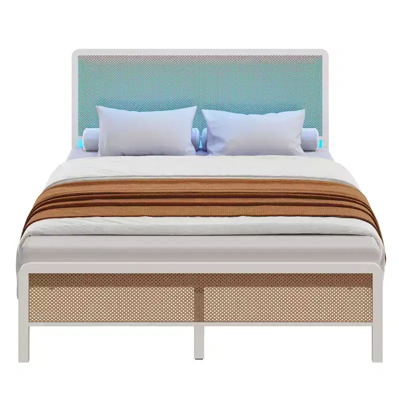 Rattan Bed Frame , Boho Bed Frame with Headboard and Footboard, Heavy Duty Sturdy Steel Slat Support, No Box Spring Needed