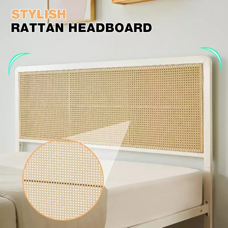 Rattan Bed Frame , Boho Bed Frame with Headboard and Footboard, Heavy Duty Sturdy Steel Slat Support, No Box Spring Needed