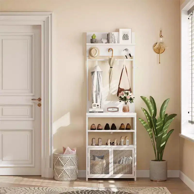 Entryway Coat Rack, 4-In-1 Hall Tree with Shoe Storage 4 Hooks, Metal Shoe and Coat Rack with Console Table, Entryway Organizer for Living Room