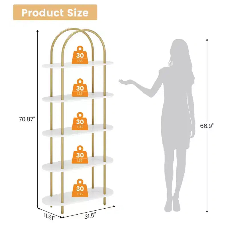 Bookshelf for Living Room - 71 Arched 6-Tier Bookcase with Metal Frame, Freestanding Storage Shelf for Bedroom, Office