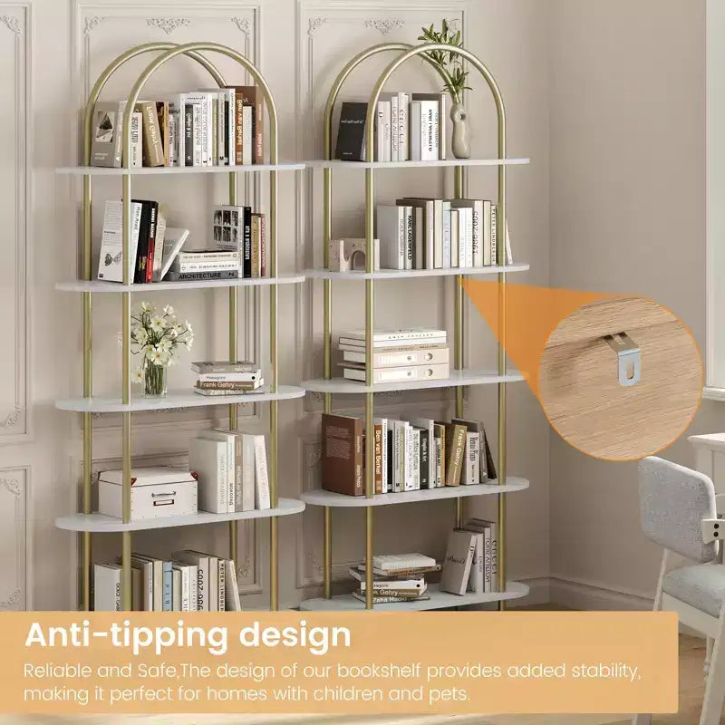 Bookshelf for Living Room - 71 Arched 6-Tier Bookcase with Metal Frame, Freestanding Storage Shelf for Bedroom, Office