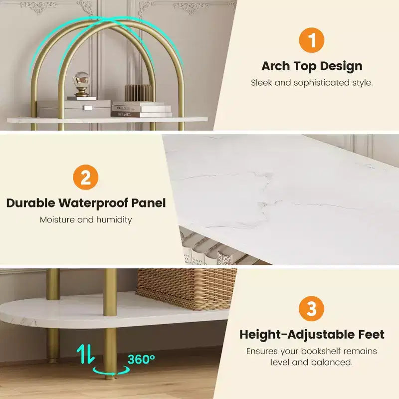 Bookshelf for Living Room - 71 Arched 6-Tier Bookcase with Metal Frame, Freestanding Storage Shelf for Bedroom, Office