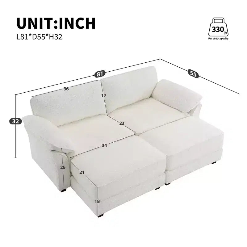 Dovelina White Modular Convertible Sectional Sofa Bed Set, 4 Seat Upholstered Sleeper, Deep-Seat Loveseat
