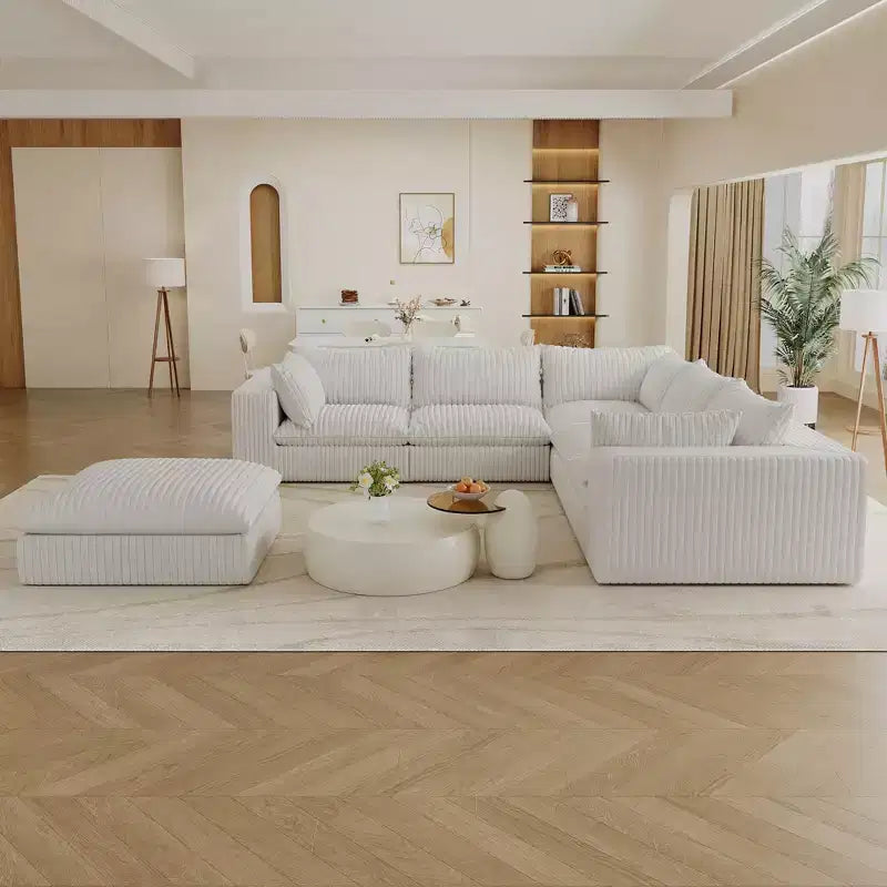 118.2 White Corduroy Fabric DIY Combination Cloud Sofa Deep Seat Couches Double-layer design Removable Cushion No Assembly