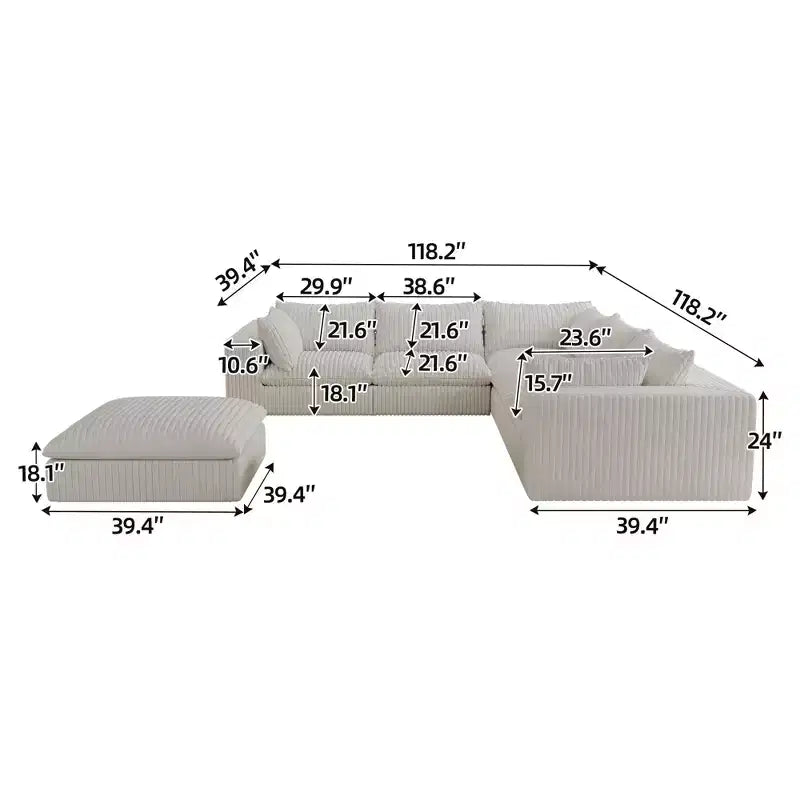 118.2 White Corduroy Fabric DIY Combination Cloud Sofa Deep Seat Couches Double-layer design Removable Cushion No Assembly