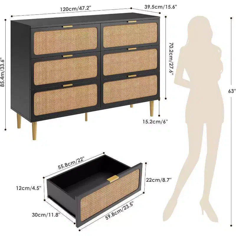 Rattan 6 Drawer Dresser for Bedroom, Large Double Dresser, Wooden Chest of Drawers for Closet with Wide Top, for Living Room, Hallway