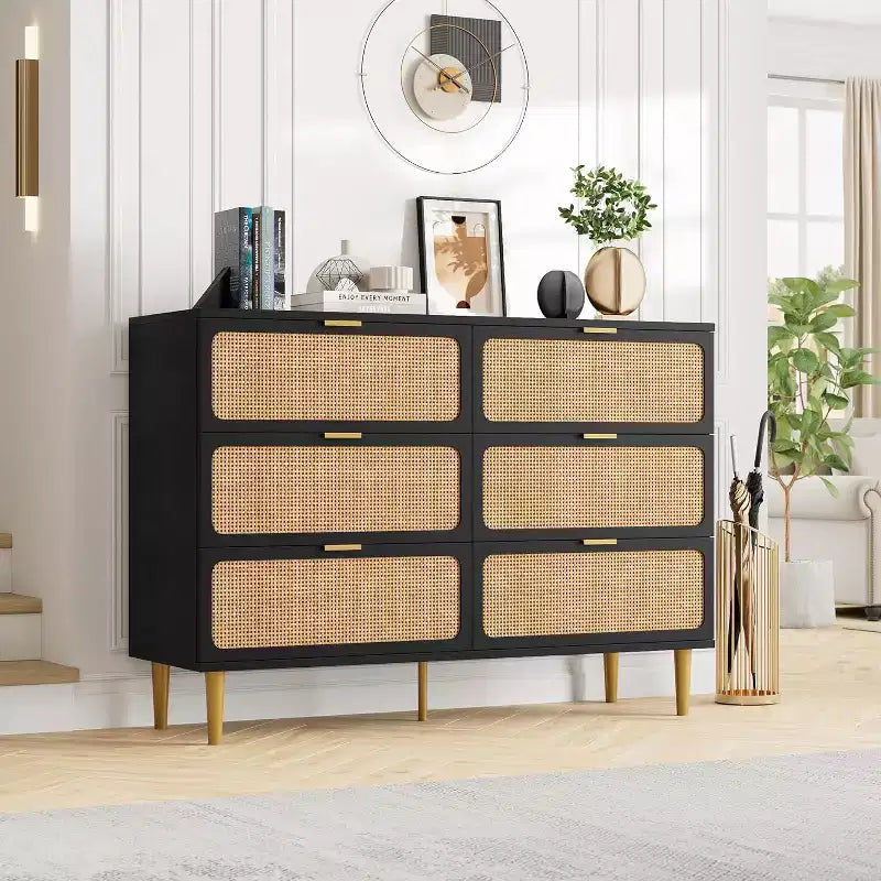 Rattan 6 Drawer Dresser for Bedroom, Large Double Dresser, Wooden Chest of Drawers for Closet with Wide Top, for Living Room, Hallway