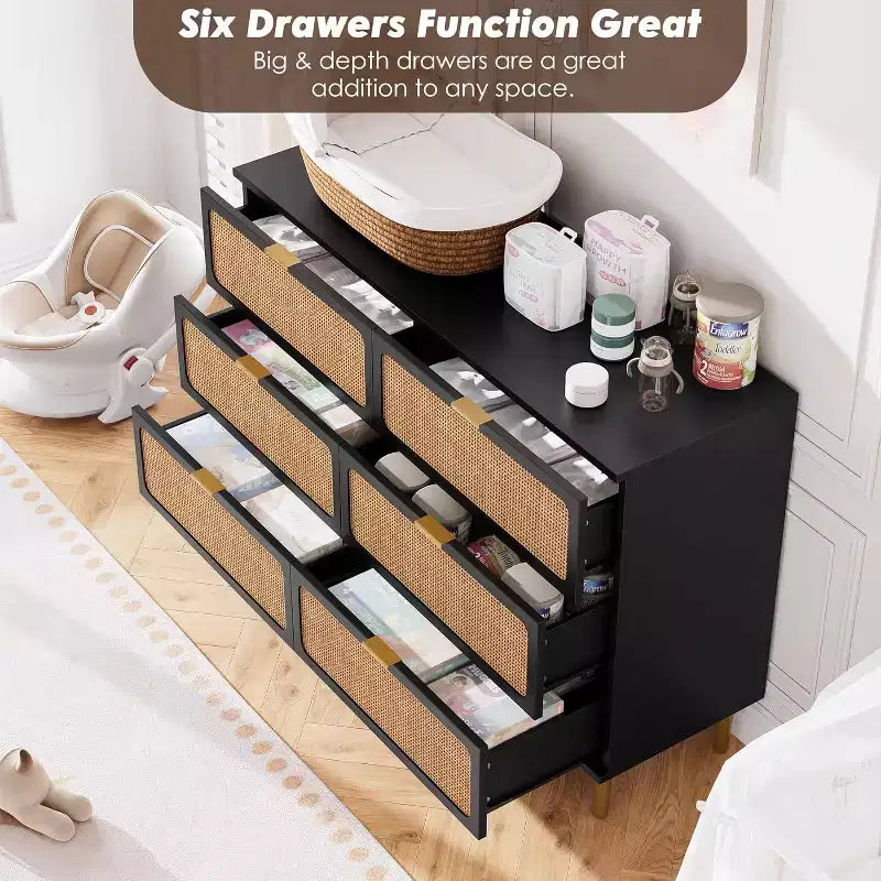 Rattan 6 Drawer Dresser for Bedroom, Large Double Dresser, Wooden Chest of Drawers for Closet with Wide Top, for Living Room, Hallway