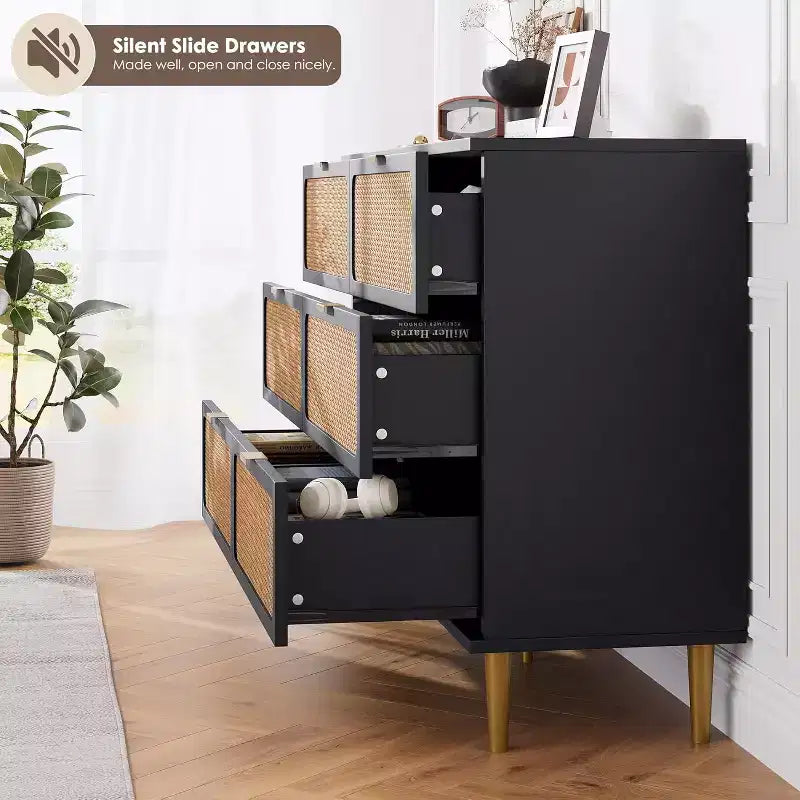Rattan 6 Drawer Dresser for Bedroom, Large Double Dresser, Wooden Chest of Drawers for Closet with Wide Top, for Living Room, Hallway