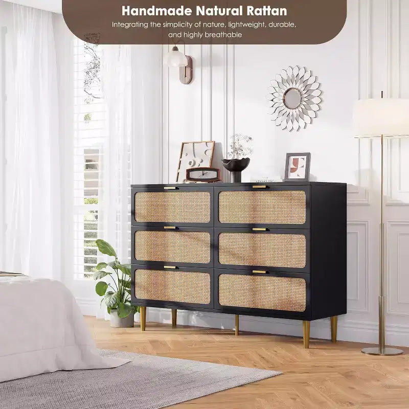 Rattan 6 Drawer Dresser for Bedroom, Large Double Dresser, Wooden Chest of Drawers for Closet with Wide Top, for Living Room, Hallway