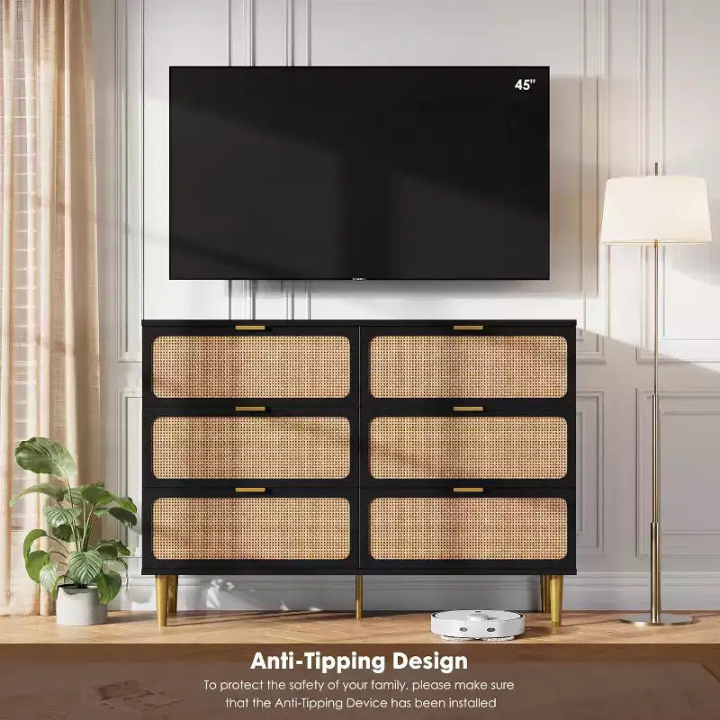 Rattan 6 Drawer Dresser for Bedroom, Large Double Dresser, Wooden Chest of Drawers for Closet with Wide Top, for Living Room, Hallway