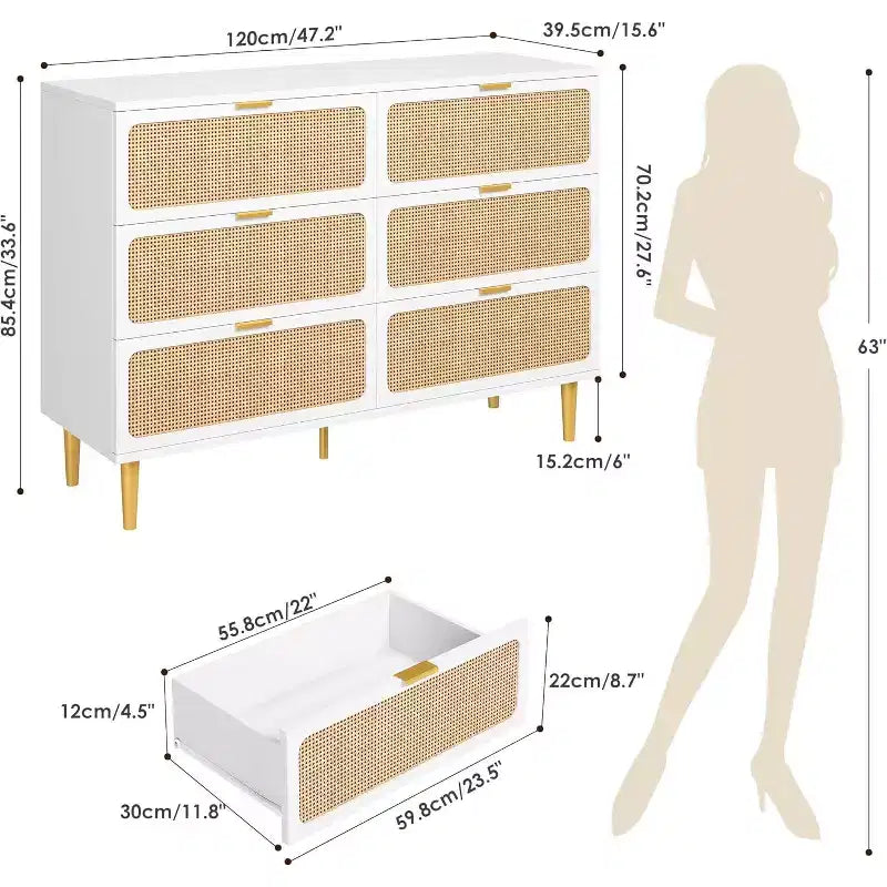 Rattan 6 Drawer Dresser for Bedroom, Large Double Dresser, Wooden Chest of Drawers for Closet with Wide Top, for Living Room, Hallway