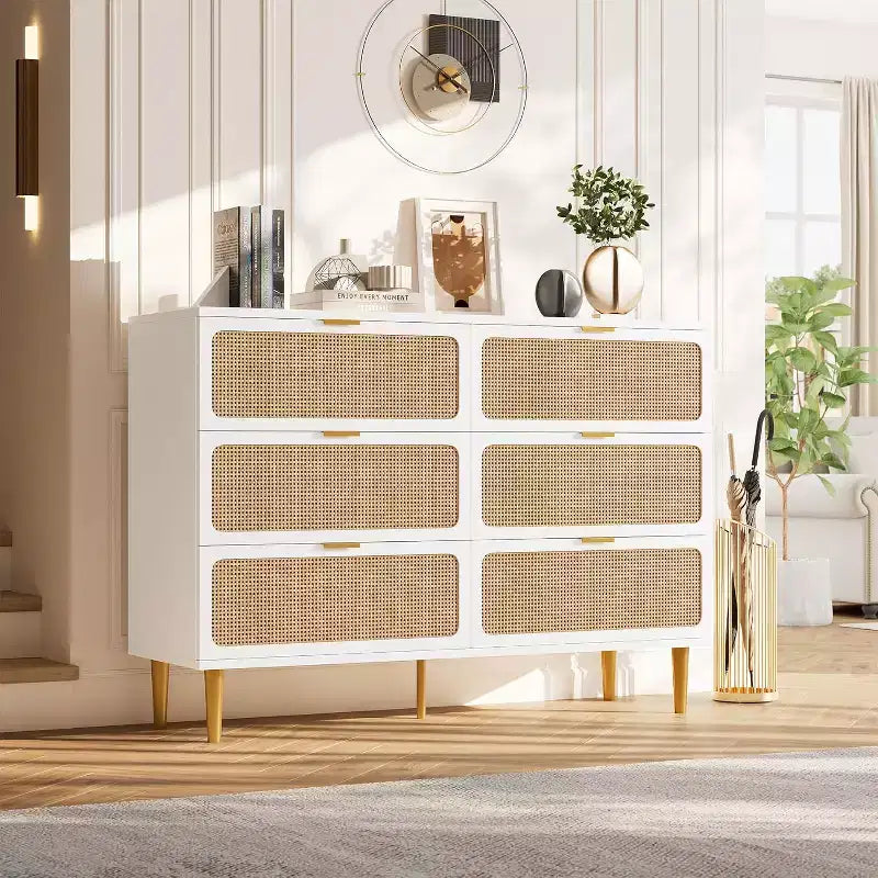 Rattan 6 Drawer Dresser for Bedroom, Large Double Dresser, Wooden Chest of Drawers for Closet with Wide Top, for Living Room, Hallway