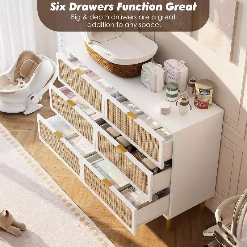 Rattan 6 Drawer Dresser for Bedroom, Large Double Dresser, Wooden Chest of Drawers for Closet with Wide Top, for Living Room, Hallway