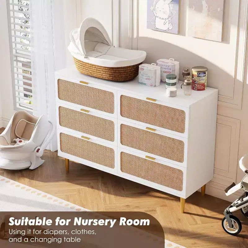 Rattan 6 Drawer Dresser for Bedroom, Large Double Dresser, Wooden Chest of Drawers for Closet with Wide Top, for Living Room, Hallway
