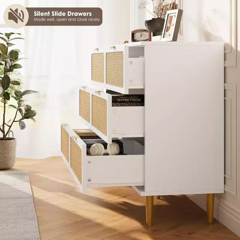 Rattan 6 Drawer Dresser for Bedroom, Large Double Dresser, Wooden Chest of Drawers for Closet with Wide Top, for Living Room, Hallway