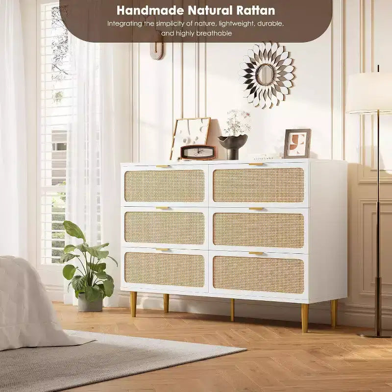 Rattan 6 Drawer Dresser for Bedroom, Large Double Dresser, Wooden Chest of Drawers for Closet with Wide Top, for Living Room, Hallway