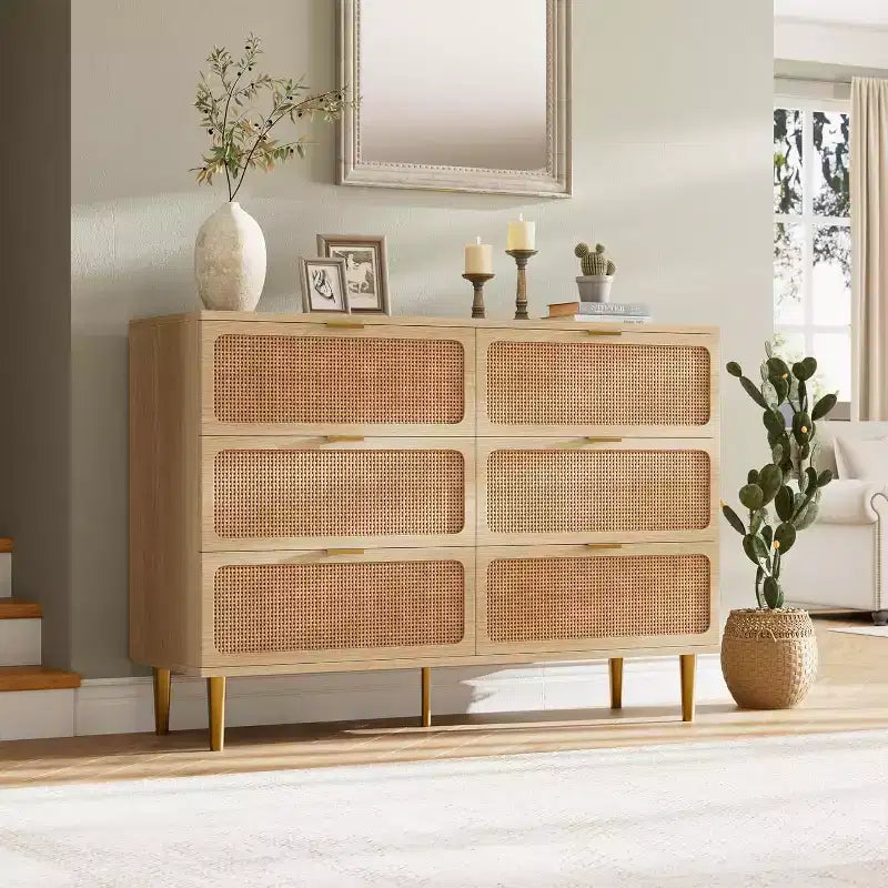 Rattan 6 Drawer Dresser for Bedroom, Large Double Dresser, Wooden Chest of Drawers for Closet with Wide Top, for Living Room, Hallway