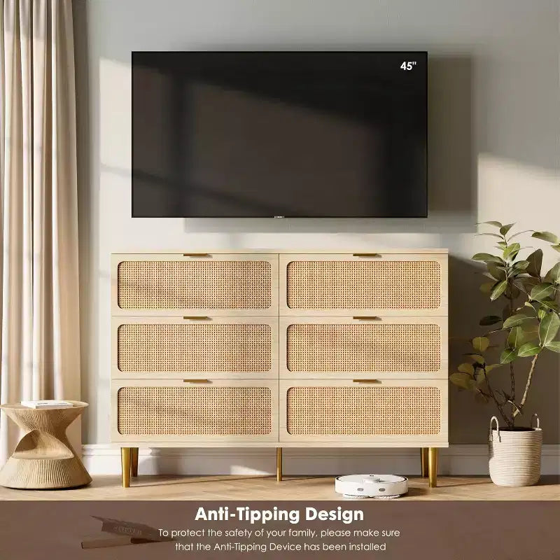 Rattan 6 Drawer Dresser for Bedroom, Large Double Dresser, Wooden Chest of Drawers for Closet with Wide Top, for Living Room, Hallway