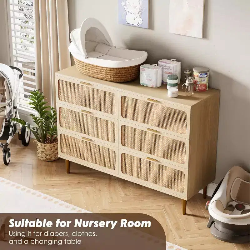 Rattan 6 Drawer Dresser for Bedroom, Large Double Dresser, Wooden Chest of Drawers for Closet with Wide Top, for Living Room, Hallway